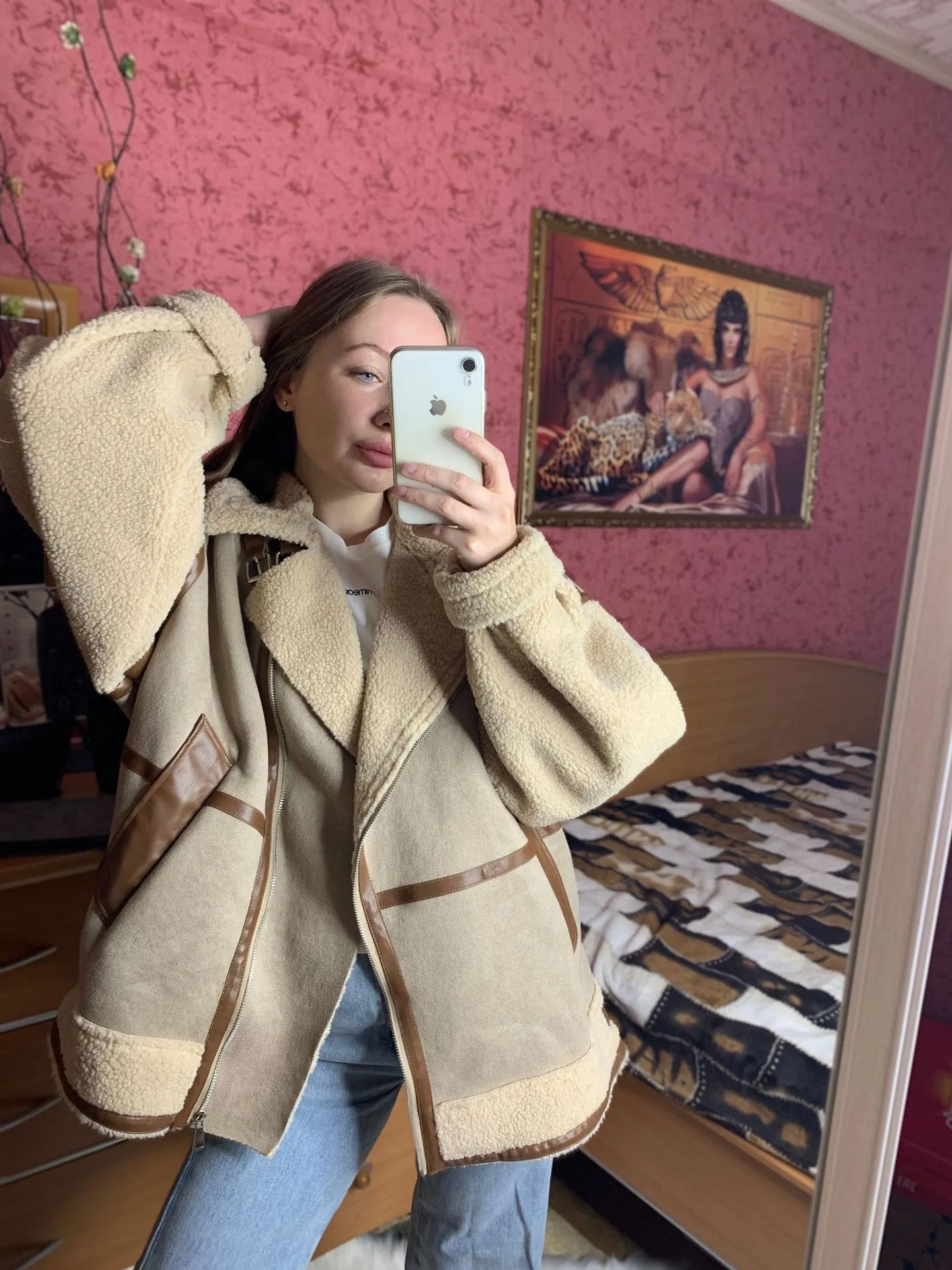 شتاء جديد فضفاض الجلد المدبوغ طوق المرقعة صوف مبطن سميكة براون معطف من قماش الكشمير سترة نسائية كم كامل ألياف البوليستر