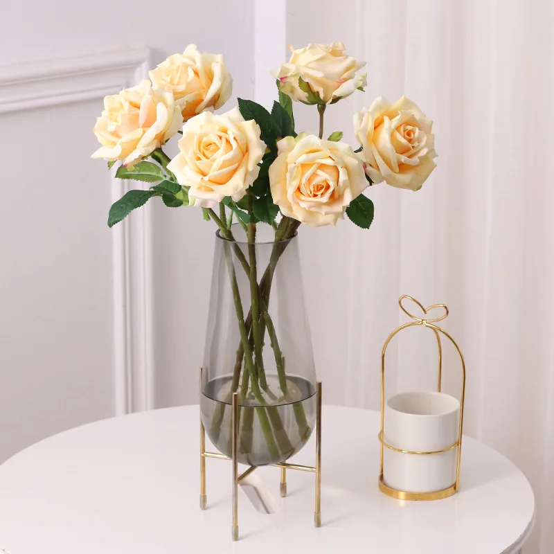 Real Touch Artificial Pink White Roses Wedding Flowers Latex Fake Rose Branch Flower Arrangement Farmhouse Decor Home Decoration