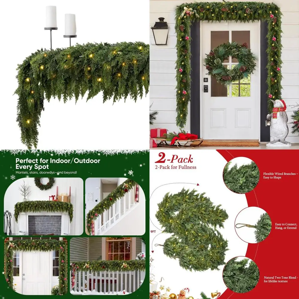 

9FT Artificial Christmas Cedar Garland with 100 LEDs, 240 Branches for Fireplace and Wall Decor
