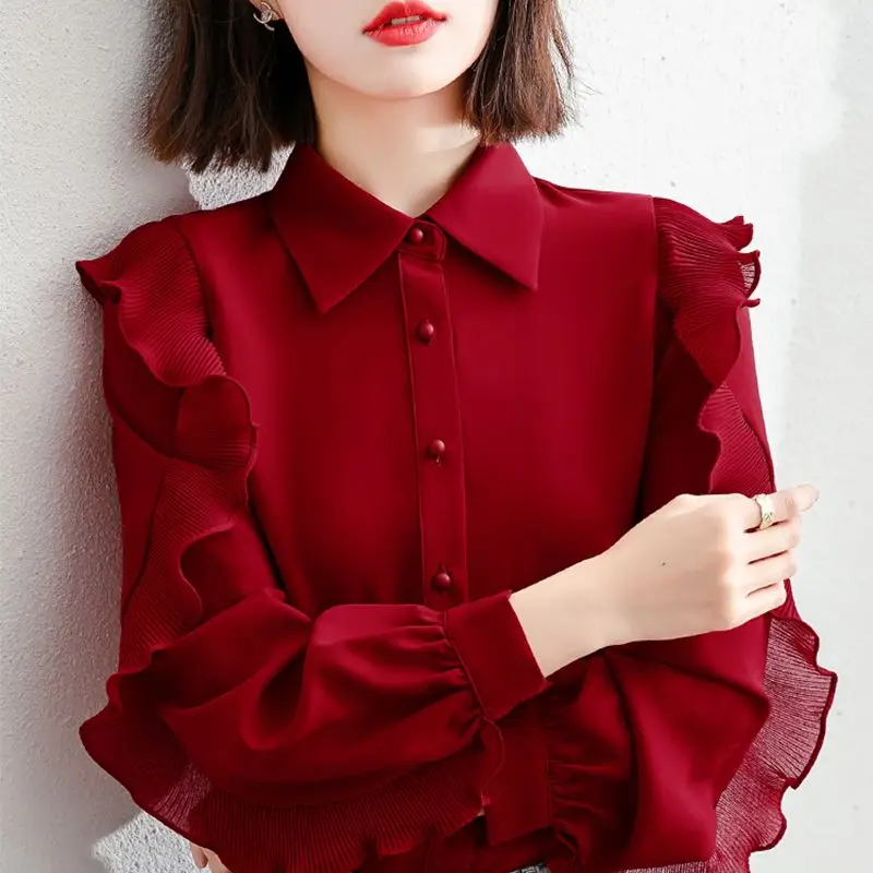 Office Lady Stylish Ruffles Patchwork Blouse Commute Single-breasted Female Clothing Turn-down Collar Spring Autumn Loose Shirt