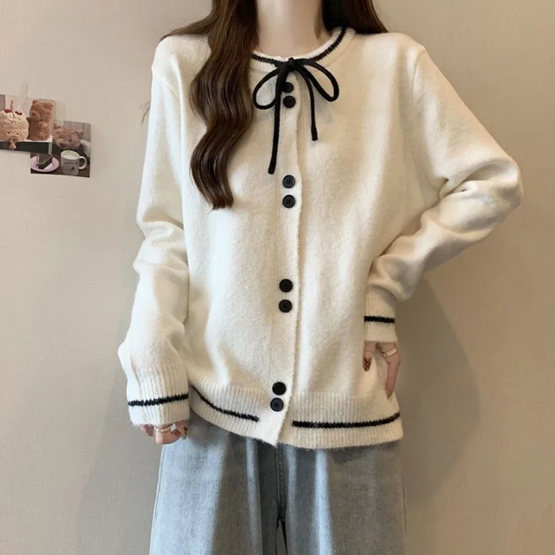 Korean Simplicity Sweet Commute Unique Design Bowknot Lace Show Off Weight Loose Laziness Ladies\' Cardigan Autumn Winter 2024