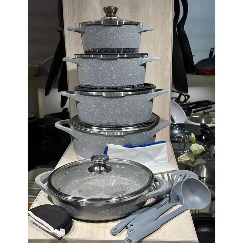 Cookware Set 17 Pieces Brown Granite Aluminum Non-Stick Cookware Set Kitchen