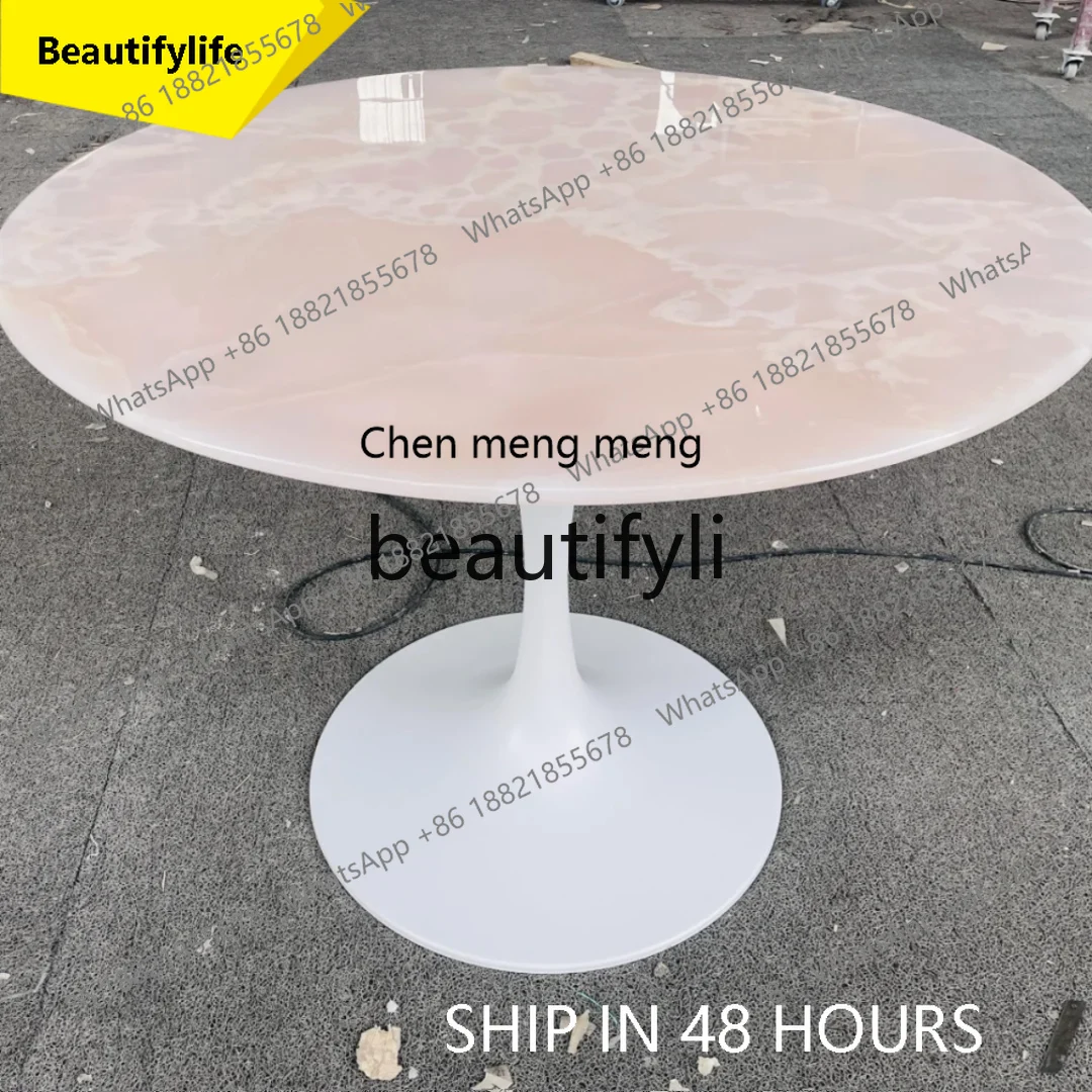 2003 Italian Style Light Luxury High-End Pink Crystal Marble Dining Table Natural Pink Jade Luxury Stone Table