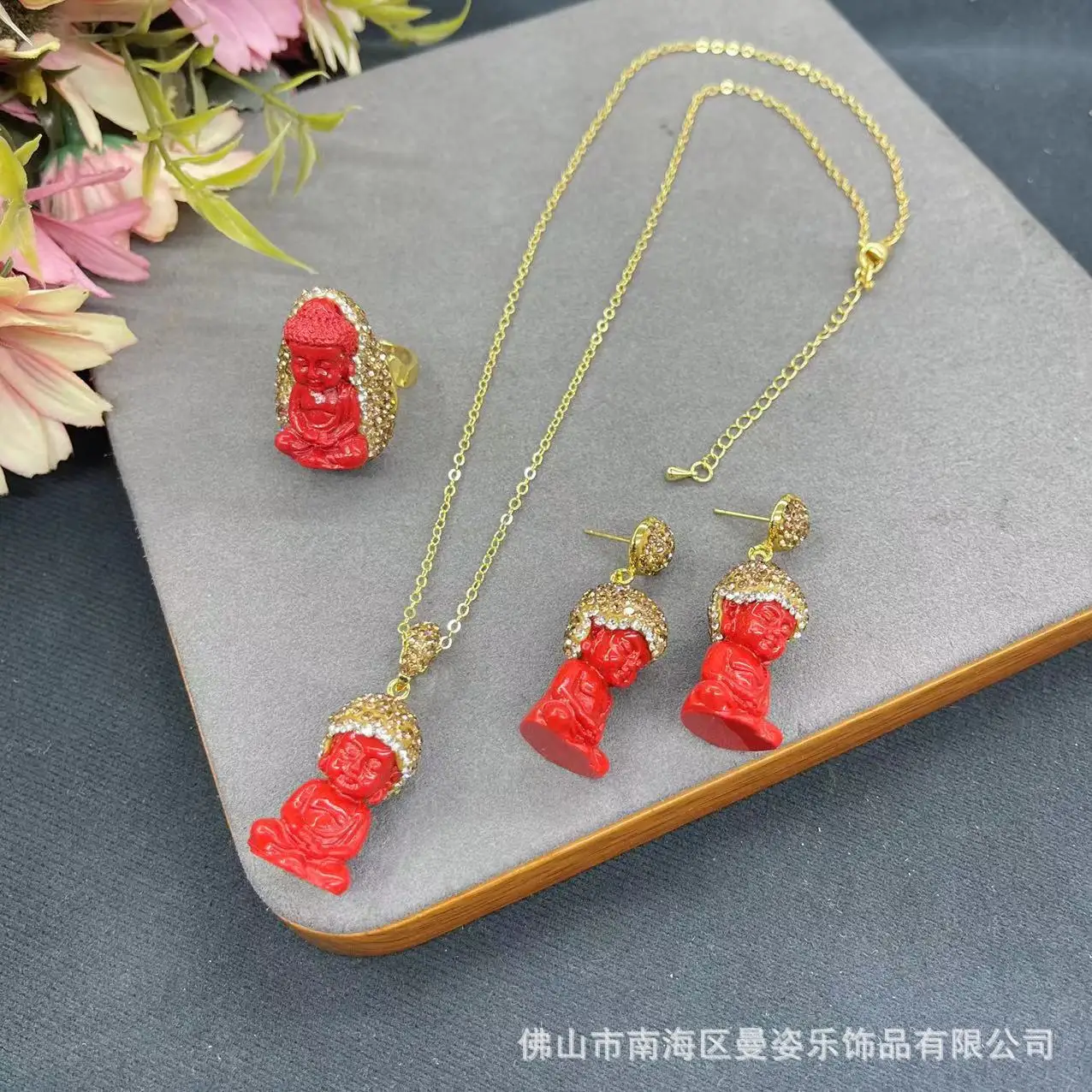 DIY accessories New Synthetic Cinnabar Baby Buddha Pottery Mud Three-piece Set New Chinese Medieval Jewelry Buddhist Girl Person