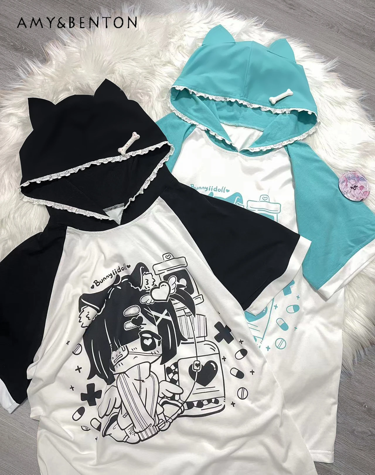 

Original Japanese Two-Dimensional Printed Hooded Short Sleeve Hoodies Women Summer Sweet Cute Color Matching Oversized Hoodie