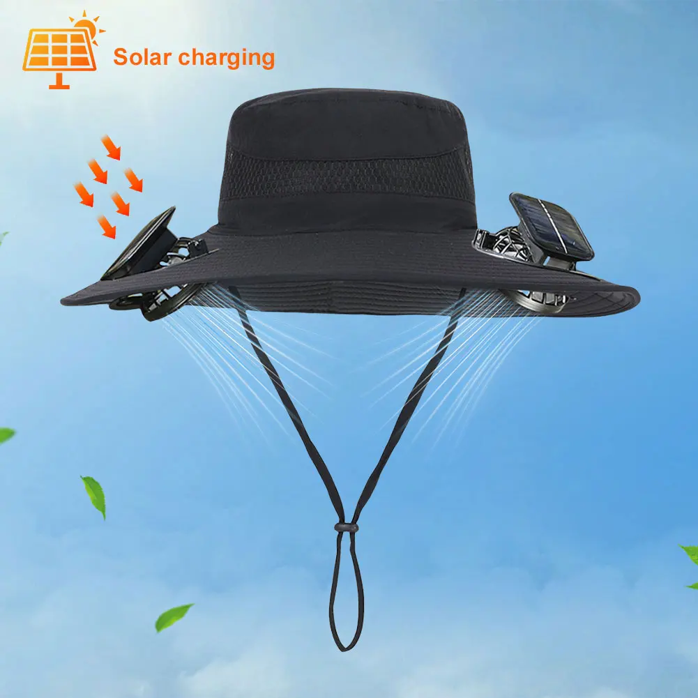 Chapéu de ventilador solar chapéu de sol com 2 ventiladores solares chapéu de pesca ao ar livre chapéu de balde de aba larga para homens acampamento ao ar livre pesca caminhadas