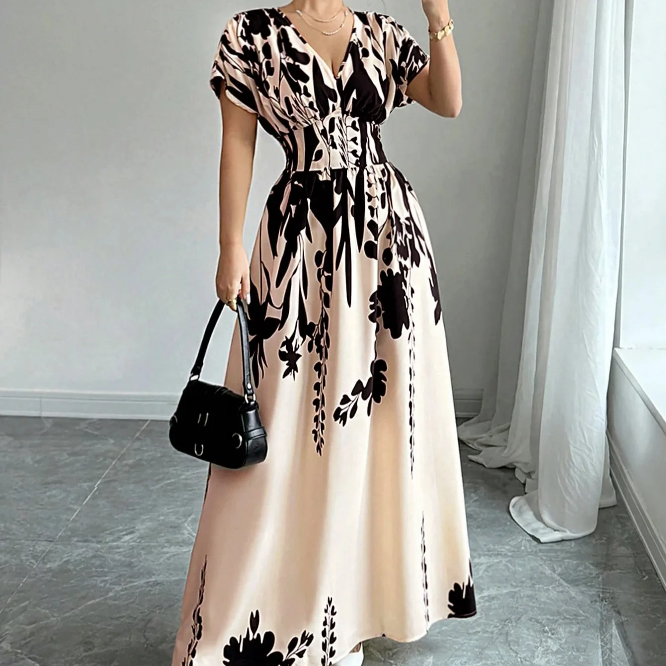 

Women's new temperament elegant printing irregular V-neck dress long dress
