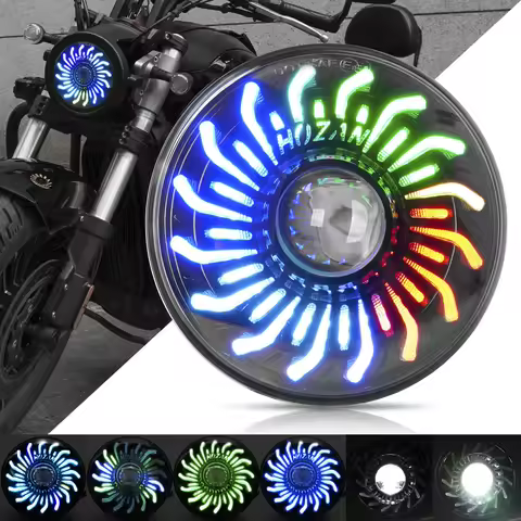 5.75 Inch Chrysanthemum Petal RGB DRL LED Motorcycle Headlight Compatible with Harley Street Bob Low Rider Iron 883 - Plug