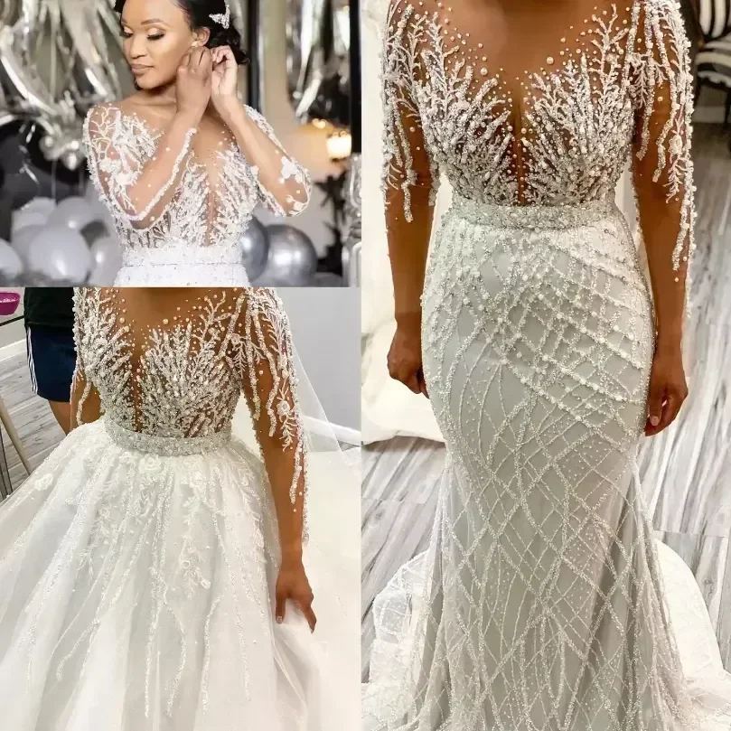 

Mermaid Wedding Dresses With Detachable Train Long Sleeves Beaded Lace Applique Pearls Bridal Gowns Vestidos De Novia Plus Size