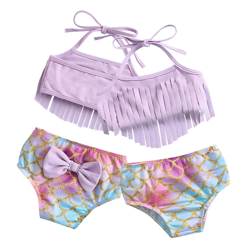 Girl's Mermaid Purple Lace Up Tassel Top+Triangle Pants Swimsuit Children's Hot Spring Swimsuit Girl Bikini Two-Piece Set