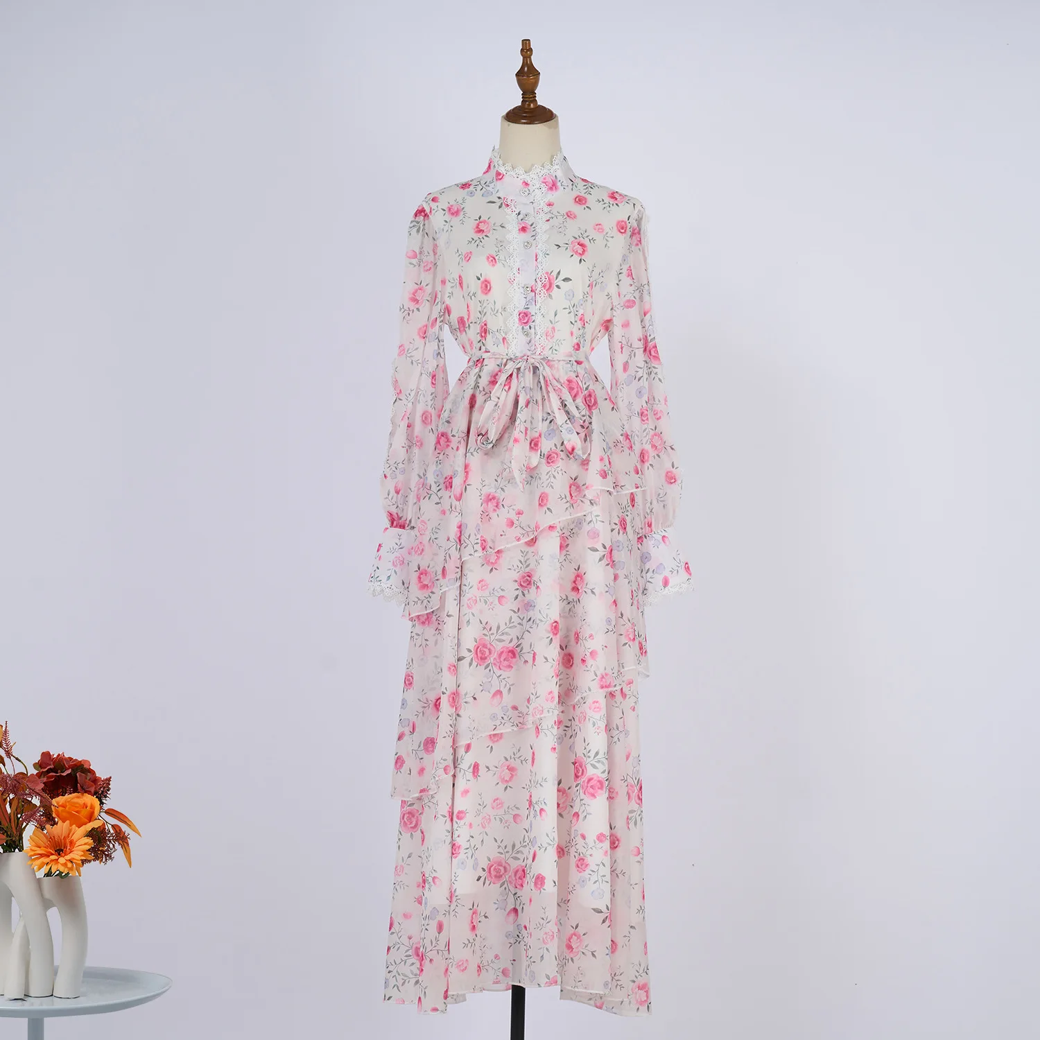 

Early Autumn Ladies Dress Lace Splicing Printed Stand-Up Neck Lace-Up