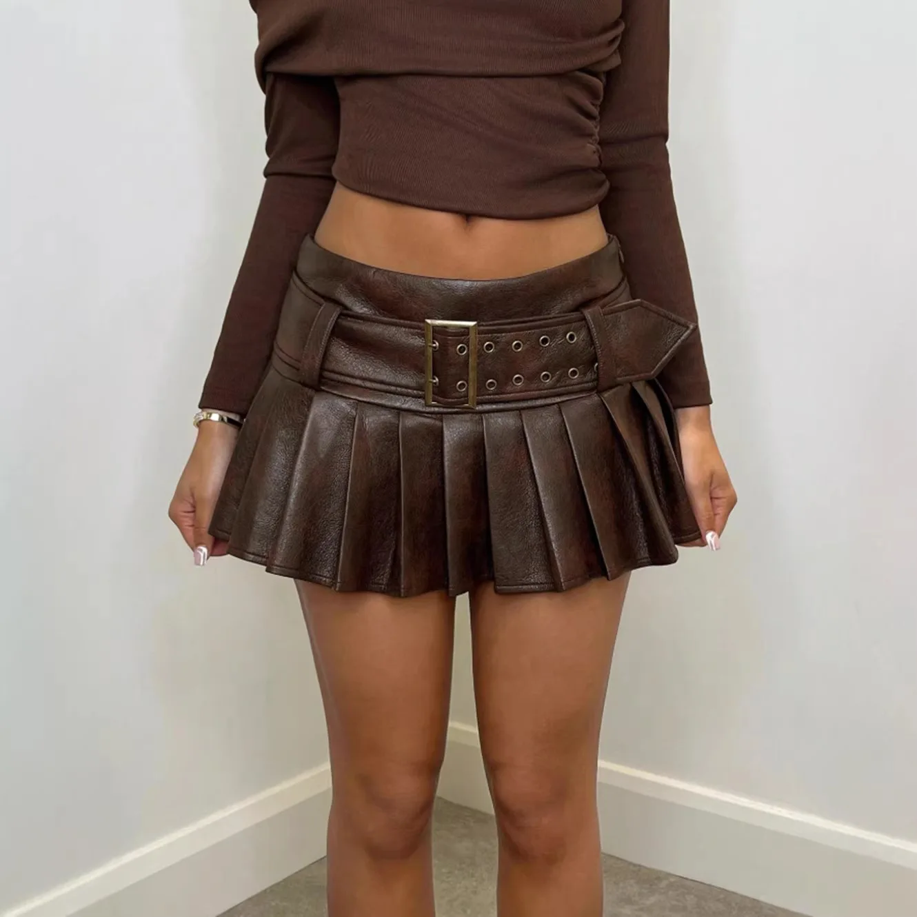 Fashion Pu Leather Patchwork Bodycon Skirt Woman Solid Color High Waisted Pleated A-line Skirt Female Streetwear American Retro