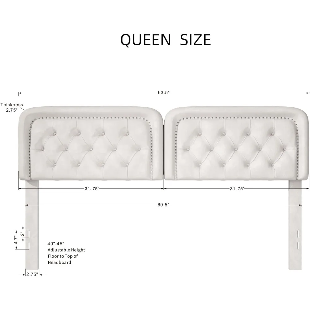 لوح رأسي منجد بحجم كوين مع ارتفاع قابل للتعديل، معنقدة بأزرار، إطار من الخشب الصلب، زخرفة رأس الأظافر، متين وأنيق