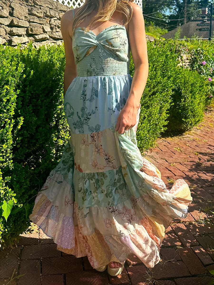 Novo vestido longo boho feminino estampa floral sem mangas alça espaguete em camadas vestido de praia verão vestido fluido s m l