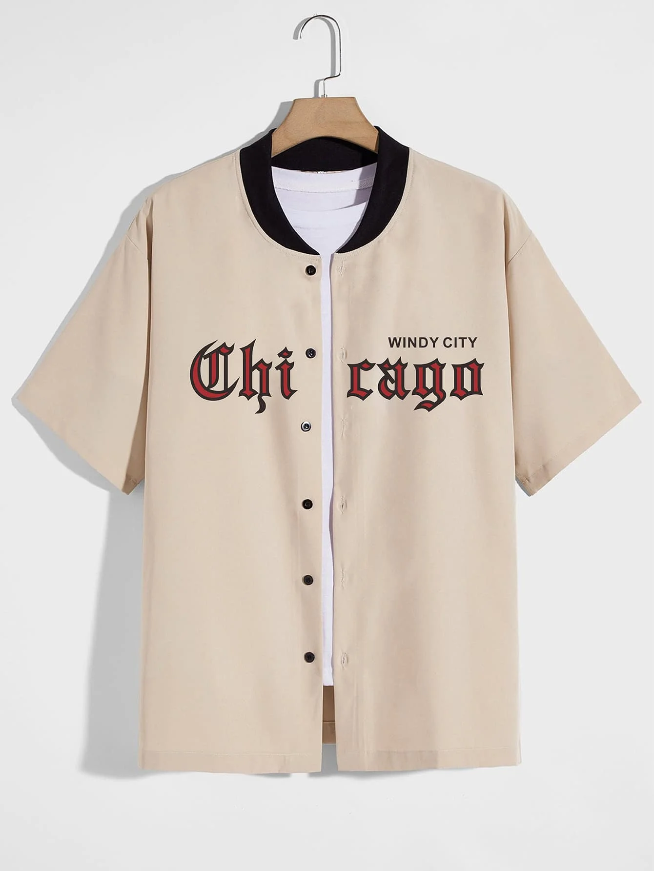 Men\'s Baseball Uniform Khaki Short Sleeve Letter Chicago Print Baseball Shirt Casual Street Hip Hop Shirt Top