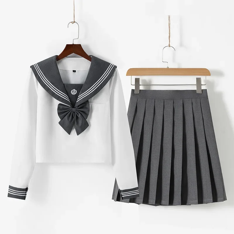 Japanese School Seifuku Girls Grey Sailor Dress Shirts Student JK Uniforms Korean Pleated Skirt Set Kawaii Schoolgirl Costume BC