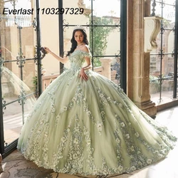 EVLAST Customized Sage Quinceanera Dress Ball Gown Floral Applique Beading Off Shoulder Sweet 16 Vestido De 15 Anos TQD961