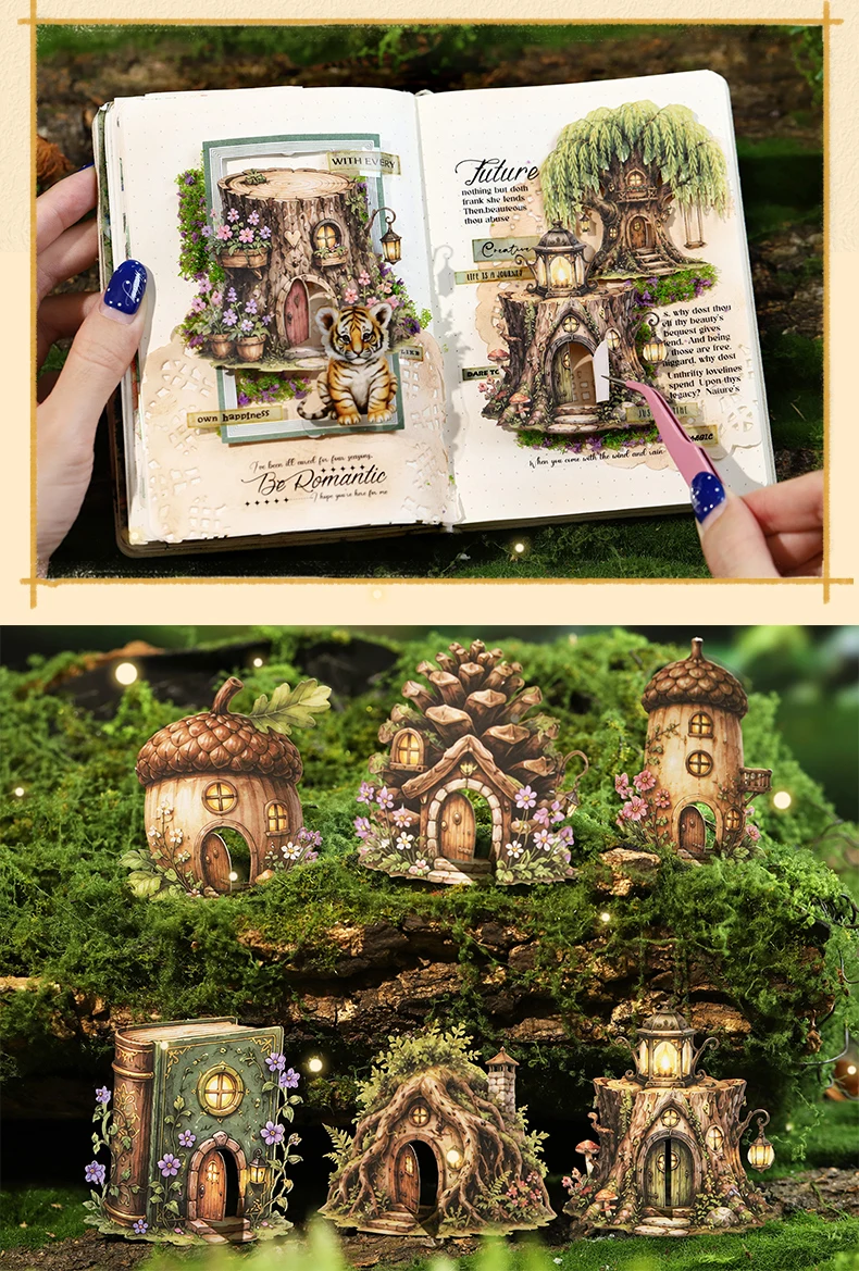 Journal GO 10pcs Fairy Tale Forest House Stickers, Vintage Mushroom Teapot Cottage Decal for Scrapbooking Journaling & Craft DIY