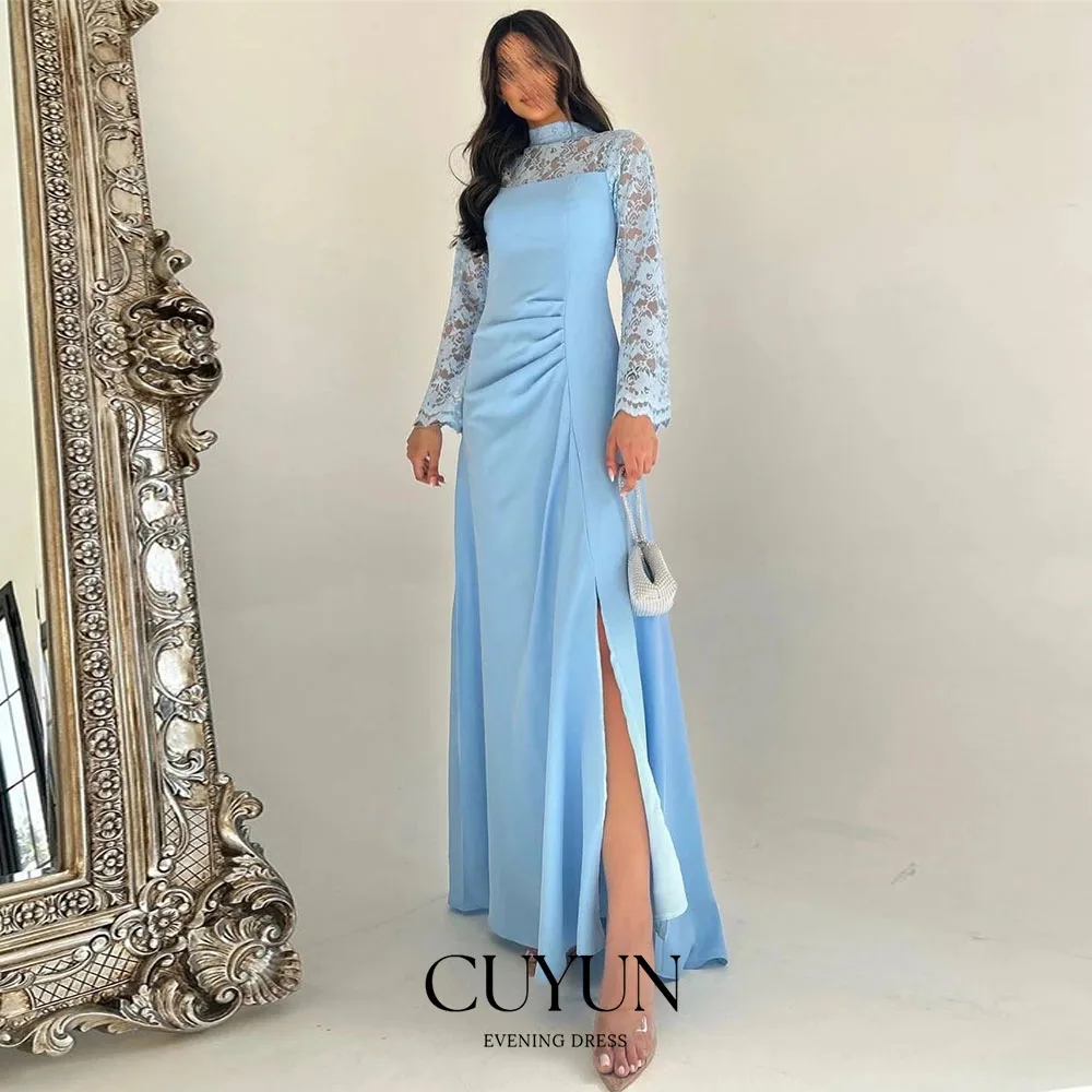 

CUYUN Baby Blue Lace Patchwork Evening Gown High Collar Long Sleeves Side High Slit Prom Party Formal Wedding Guest Dress