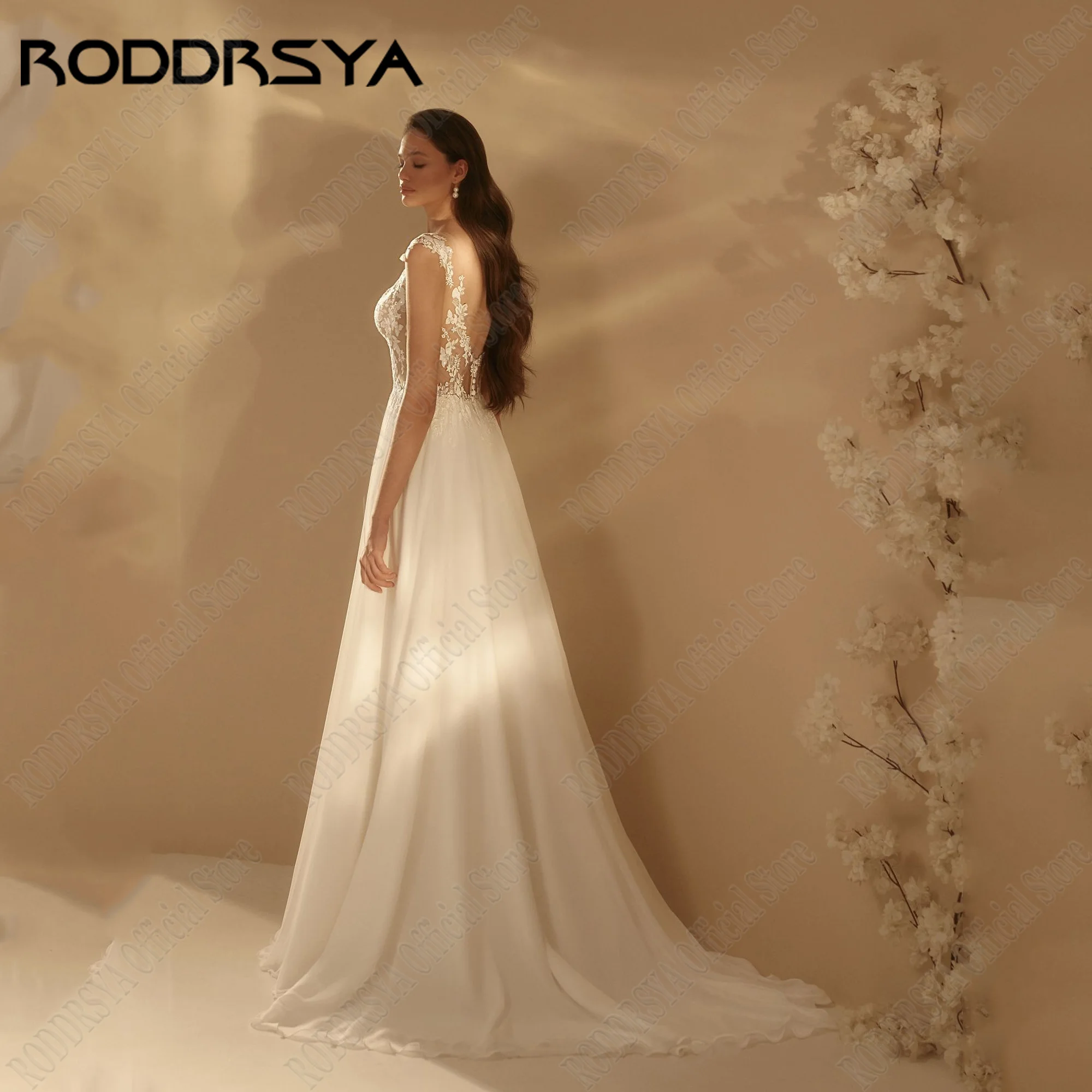 RODDRSYA-vestidos de novia bohemios de encaje, vestidos de novia de gasa con mangas casquillo, apliques sin espalda, cuello redondo, línea A, talla grande, 2024Vestido de novia de manga de sombrero de chifón roddsya 20