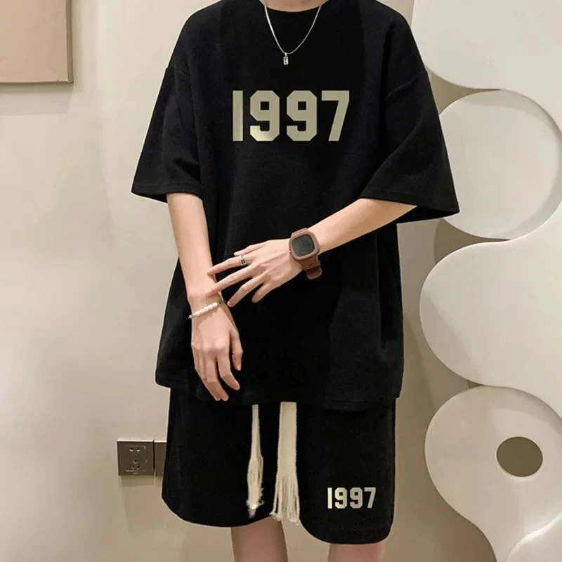 Oversized Waffle Summer Men\'s Sports Suit Breathable Casual Wild High Street Chic Fake Two-piece T-shirt + Simple Shorts Sets