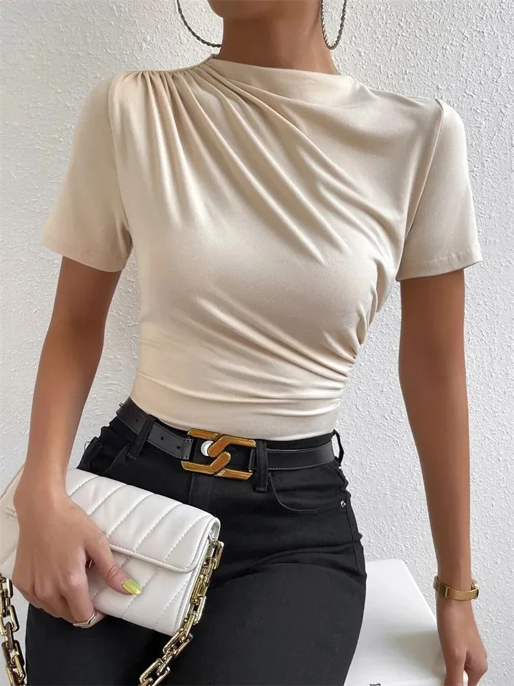 

Women Short Sleeve Pleated T-shirt Summer Casual Slim Fit Mock Neck Ruched Tee Top Streetwear