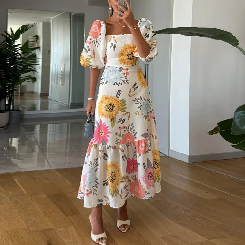 Robe longue plissée à imprimé Floral pour femme, élégante, col carré, manches bouffantes, décontractée, ligne a, style Boho, dos nu, robe de vacances