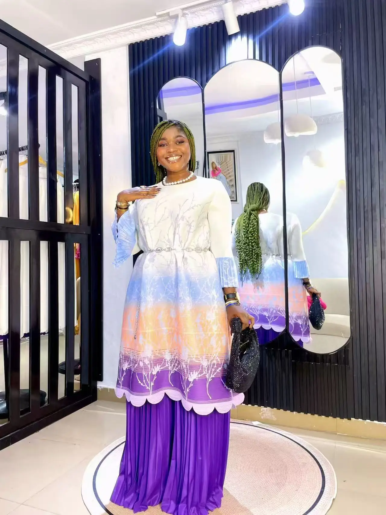 

Miyake Digital Printing Long Sleeve Top Set Women's Crew Neck T-Shirt Wide Leg Pants Casual Two-piece Set 2025 Summer New