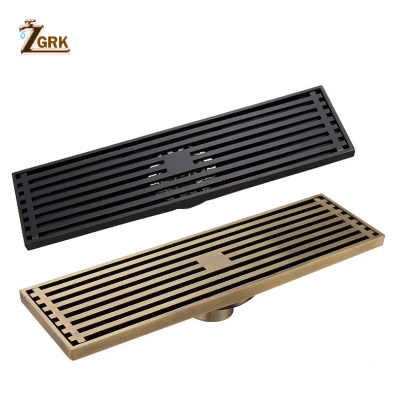 

ZGRK Floor Drains Euro Style Antique Brass Bathroom Linear Shower 8*30cm Floor Drain Wire Strainer Art Carved Cover Waste Drain