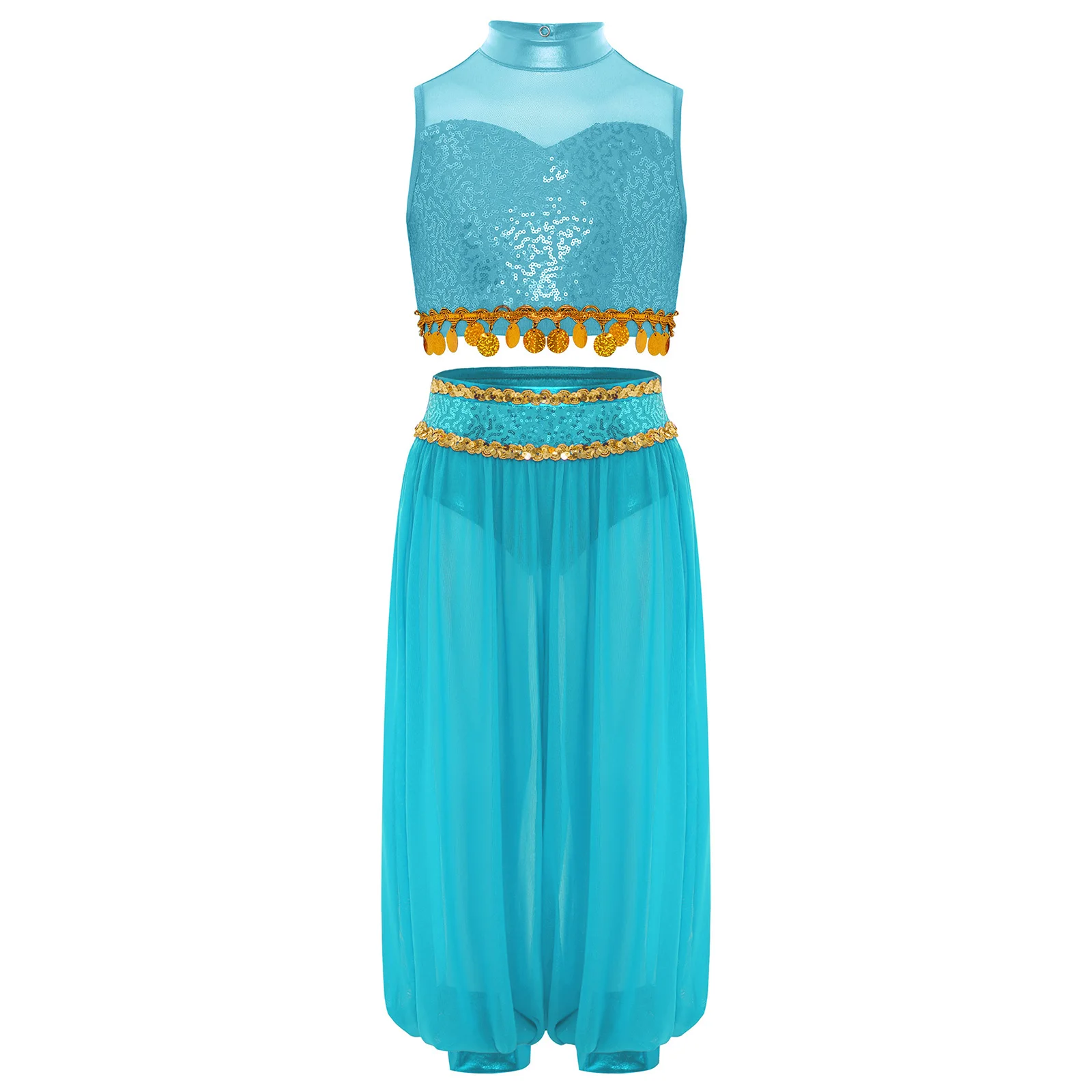 Kids Girls Belly Latin Dance Costume Modern Ballroom Dance Outfit Set Sheer Mesh Patchwork Sequin Crop Top And Bloomers Pants