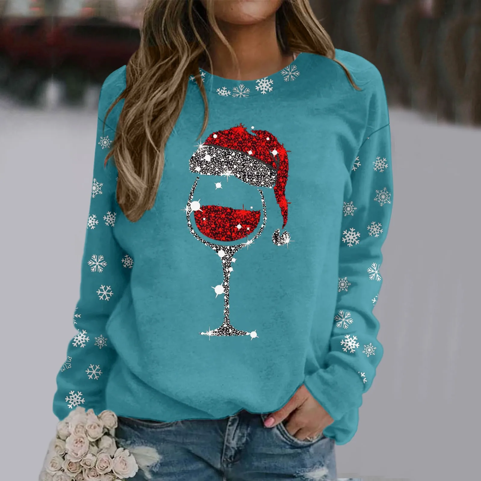 Weihnachts druck Rotwein Tasse T-Shirt Damenmode lässig Rundhals ausschnitt Langarm Pullover Pullover neue 2024 Femme Kleidung Tops