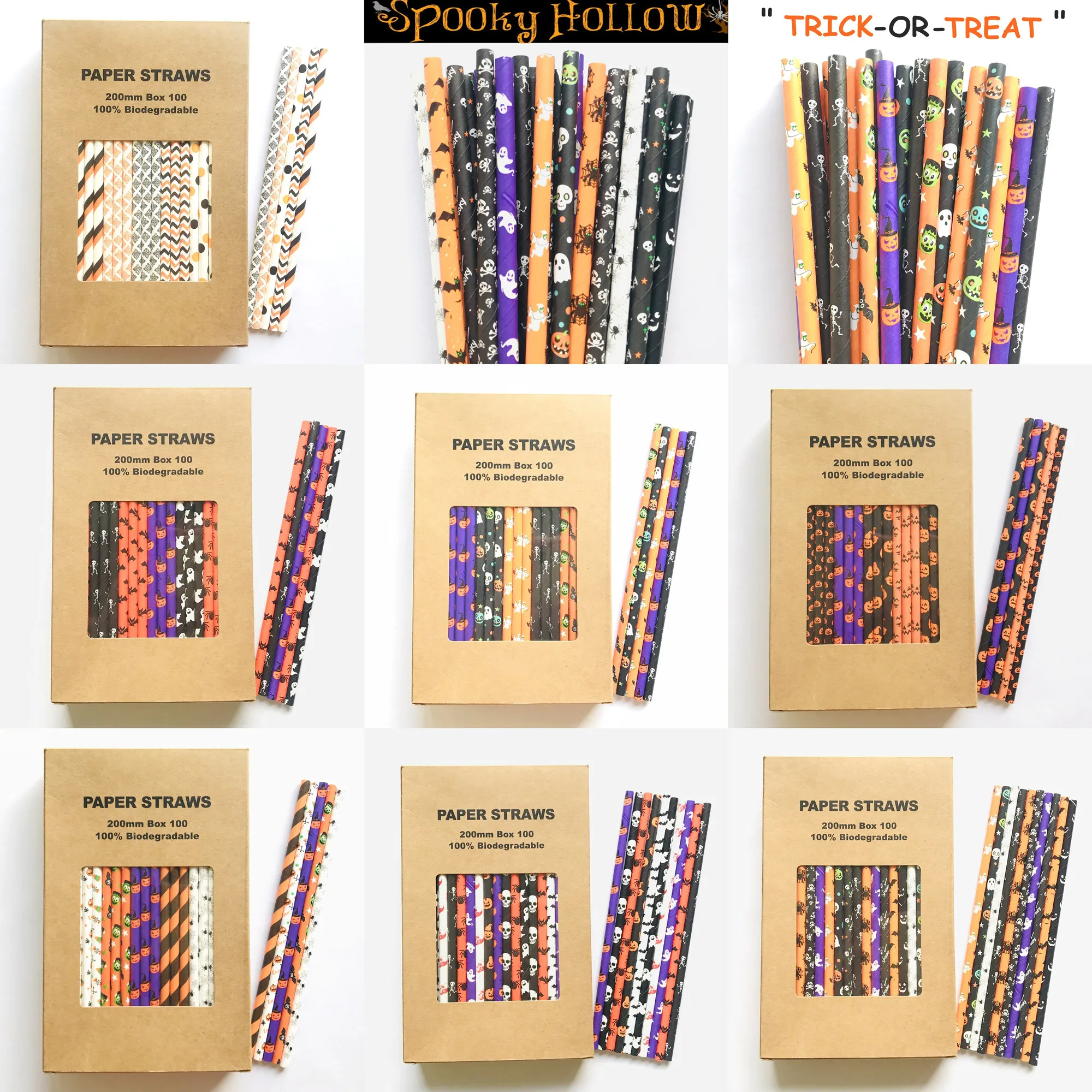 

100 Pcs/Box Spooky Halloween Party Paper Straws,Black Orange Purple Green Skull Bat Spider Cobweb Pumpkin Ghost Skeleton Cute