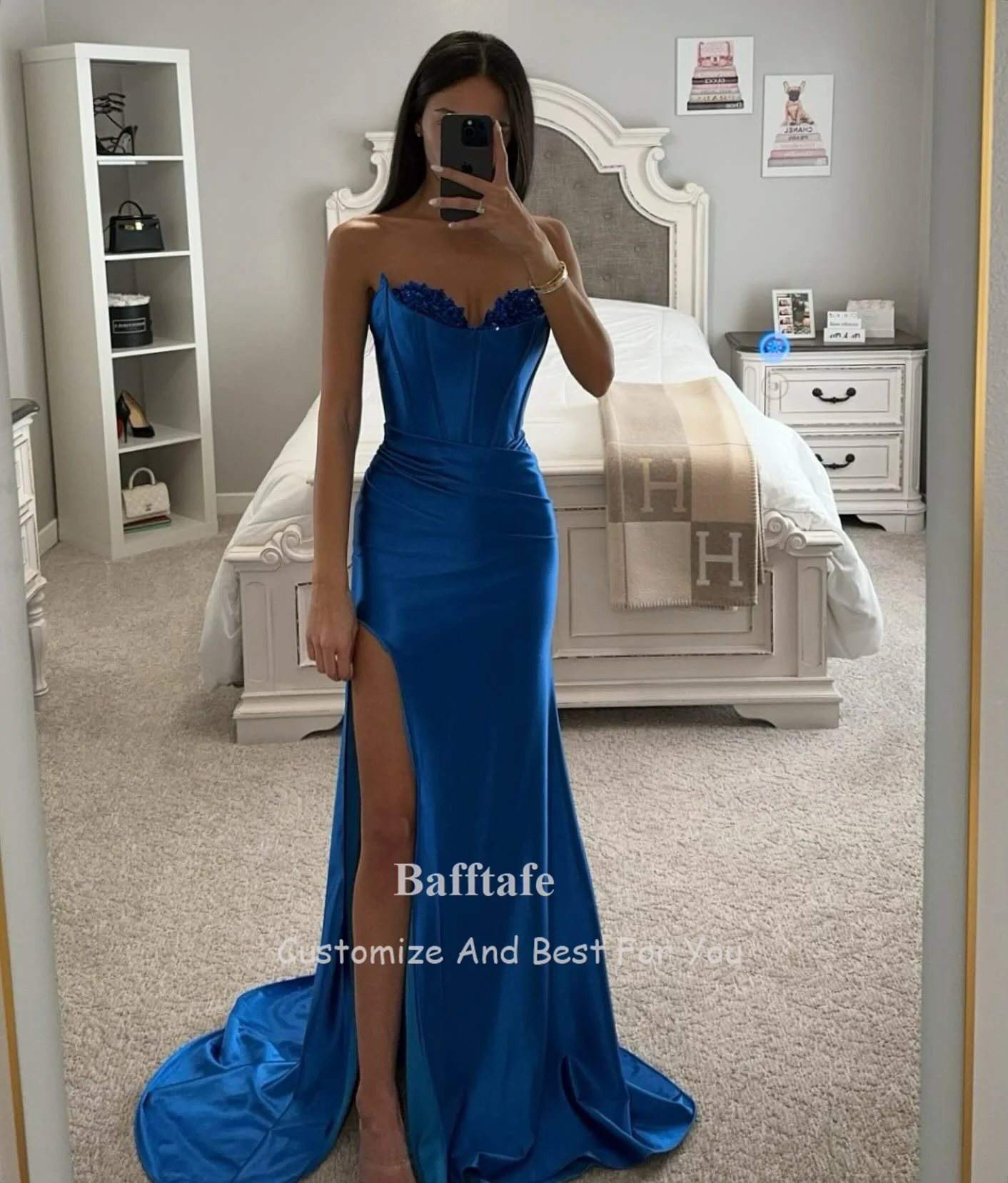 Bafftafe Satin Mermaid Formal Evening Dresses Sweetheart Bones Leg Slit Special Occasion Dress Women Prom Party Gowns Customized
