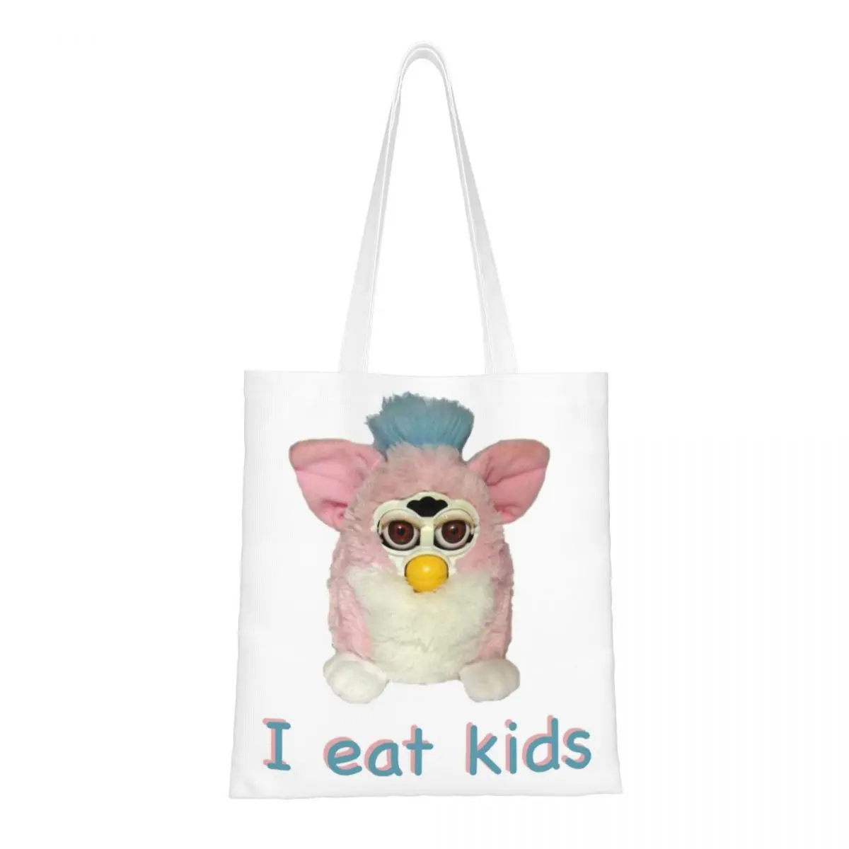 Custom Furbys I Eat Groceries Shopping Bag Custom Print Canvas Shopper Shoulder Tote Bags Portable Cartoon Animal Robot Handbag