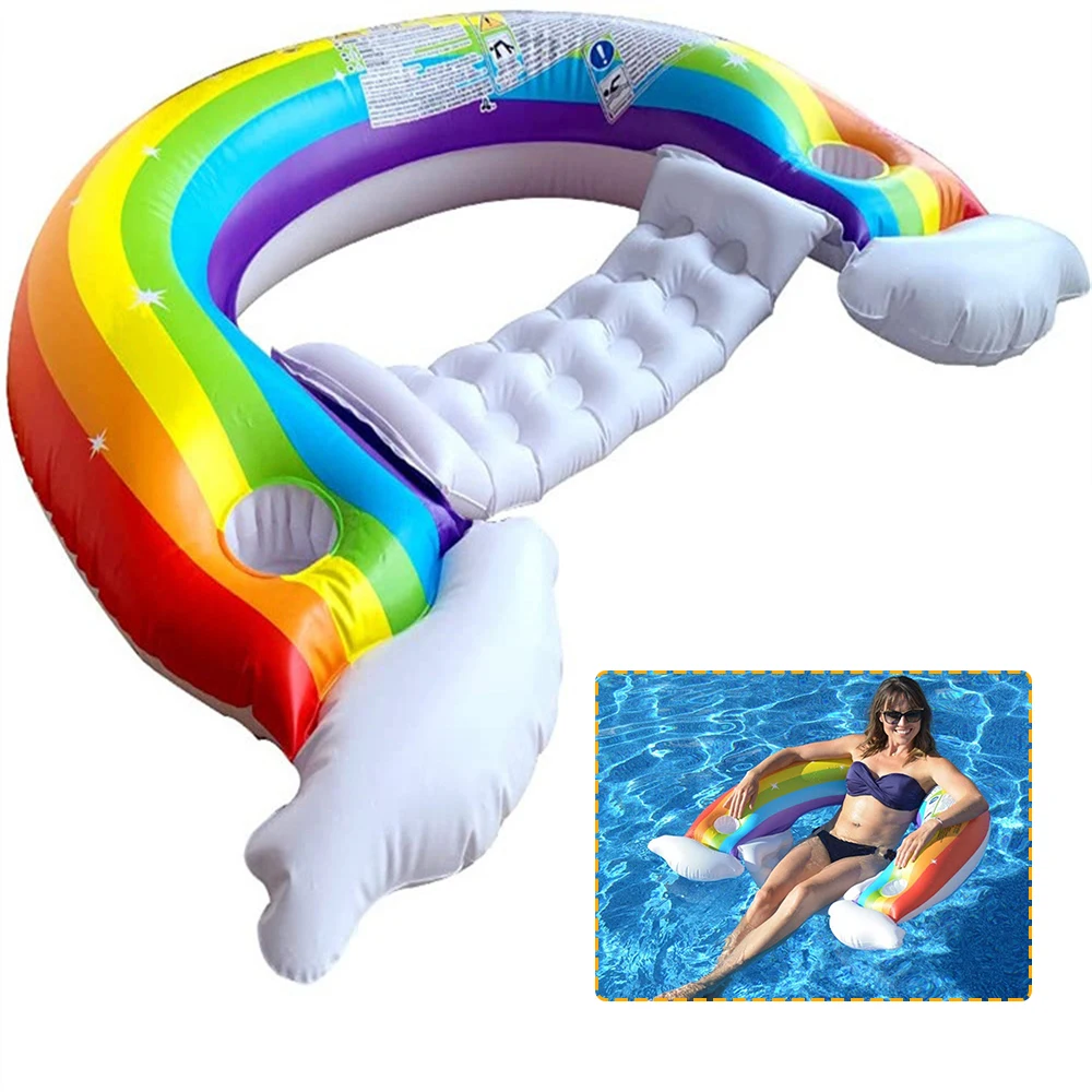 Inflatable Rainbow Shape Swimming Floating Lounge with Backrest, Raft Chair, Cup Holders, Float for Adults, Outdoor Swim Pools