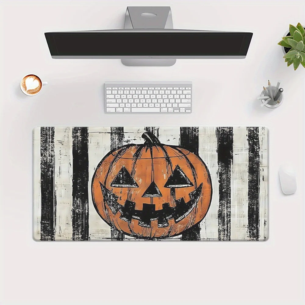Pumpkin Halloween Desk Mat Black White Stripes Large Gaming Mouse Pad Rubber Anti-Slip Office Mat