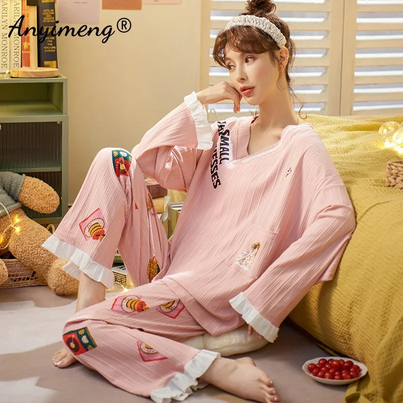 Conjunto de pijama kawaii coreano feminino, pijama de algodão, manga longa, pijamas grandes, moda, outono, inverno, novo, plus size, 4XL, 5XL