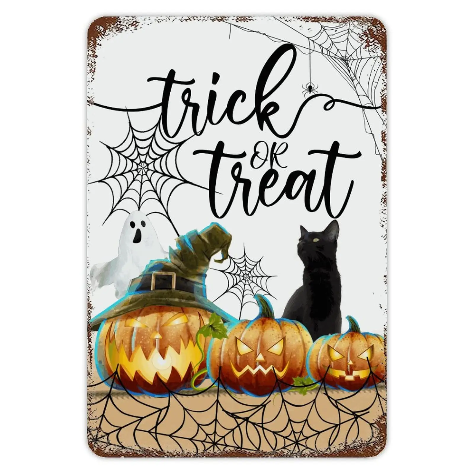 Halloween Pumpkin Tin Sign Pet Cat Halloween Hanging Sign Trick Or Treat Spider Web Metal Sign Vintage Farmhouse Dec