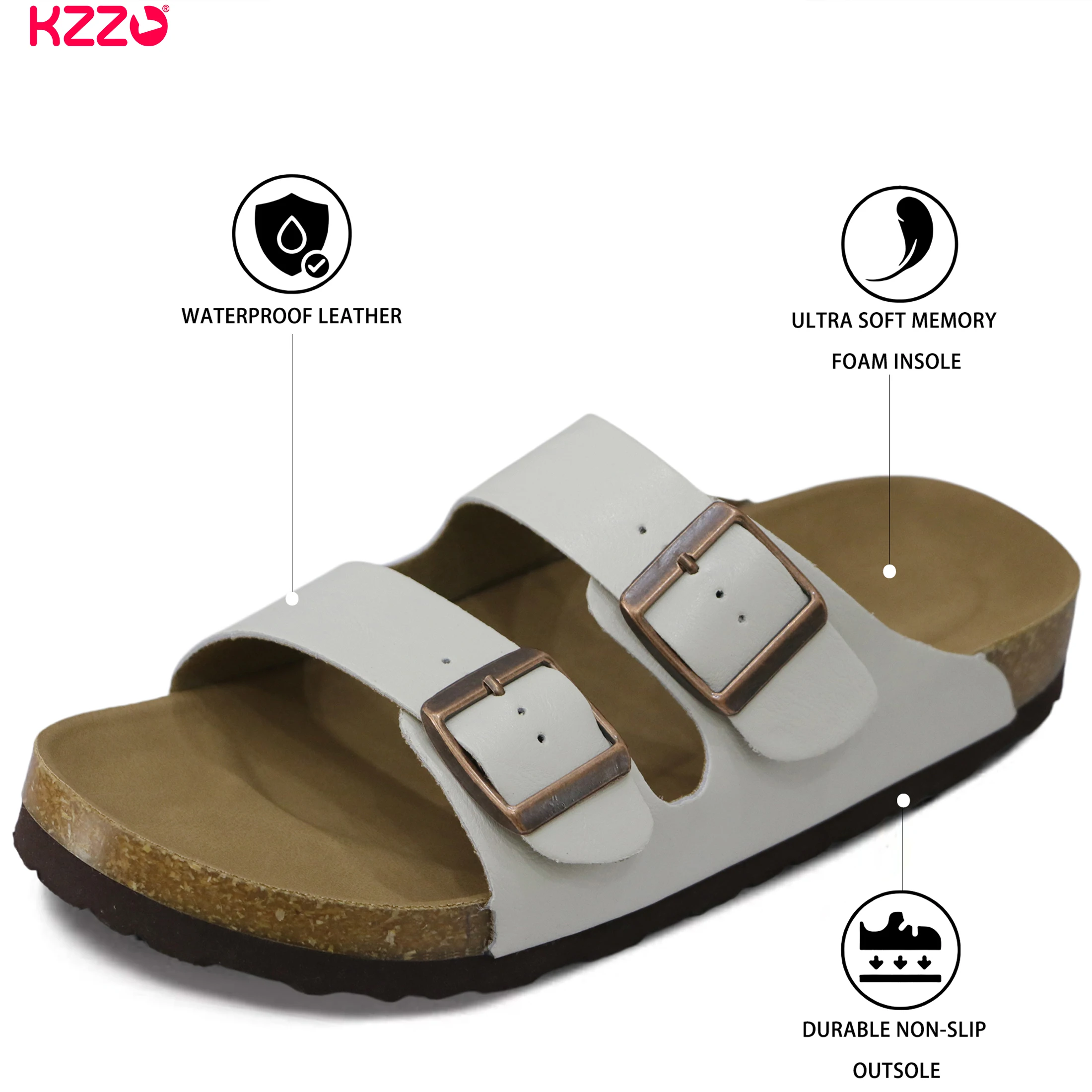 KZZO Waterproof Genuine Leather Mules for Women Non Slip Clog Shoes Outdoor Home Comfort Slip On Flat Double Adjustable Strap
