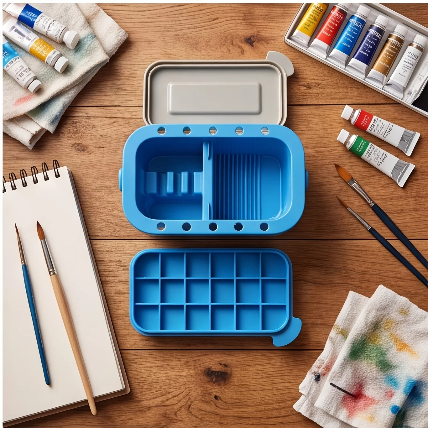 2-In-1 for art Brush Washing Bucket,Large-Capacity Divided Design,Multi-Hole Brush Slots on The Top And a Palette at The Bottom