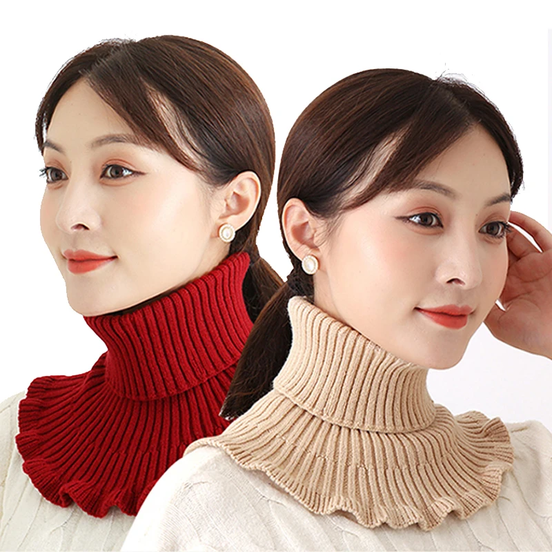 Knitted Fake Collar Scarf With Wooden Ears Women Turtleneck Warm Knitted False Fake Collar Detachable Scarf Winter Windproof