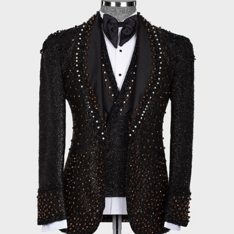 Exquisite 2 Pieces Blazer Vest Men Suits Sequins Beads Diamonds One Button Sheer Lapel Formal Party Wedding Plus Size Tailored