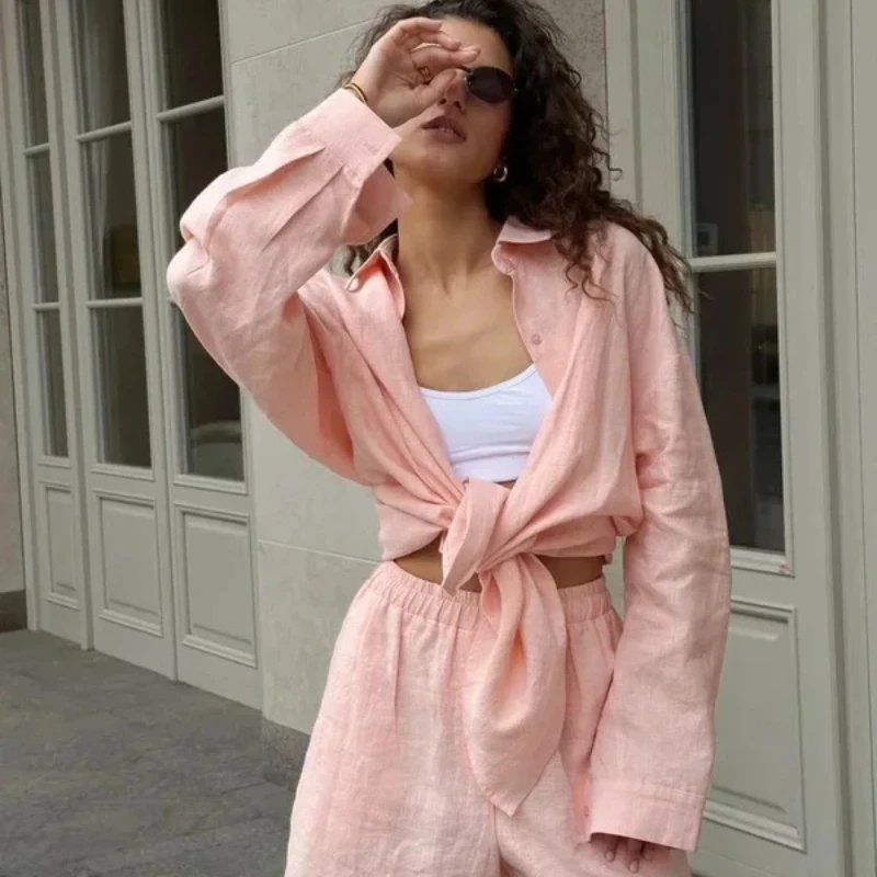

Bornladies Women's Cotton Casual Shorts Set Solid Color Lapel Long Sleeve Shirt Elastic Waist Shorts Outfit Daily Vacation Wear