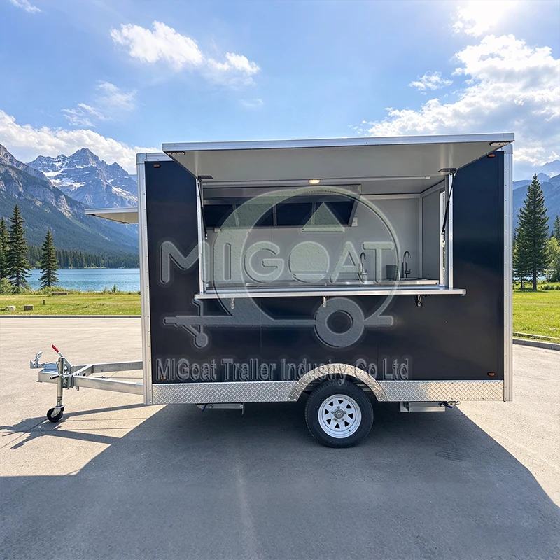 Custom Single Axle Food Concession Trailer with Open Service Hatches and Stainless Kitchen Cabinet for Fast Food Operation