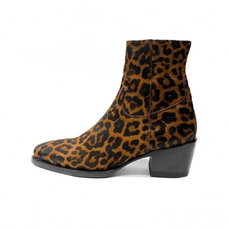 Brown Leopard Print Genuine Leather Mens Ankle Boots Fashion High top Zipper Boots Men Shoes Hombre Sapatos Big Size 38-46