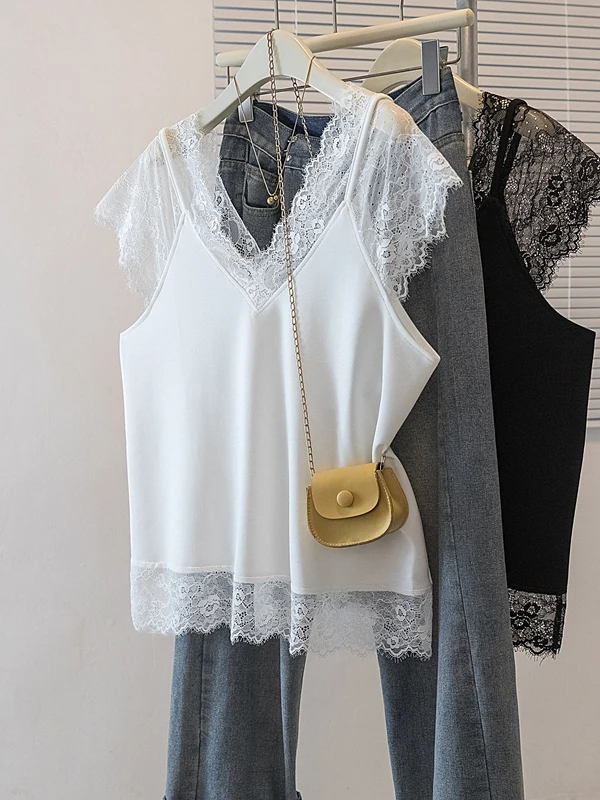 

Women's V-neck Lace Trim Camisole Tank Top Inner Wear Base Shirt Summer New Style plus Size Fat MM Lace Sleeveless Top