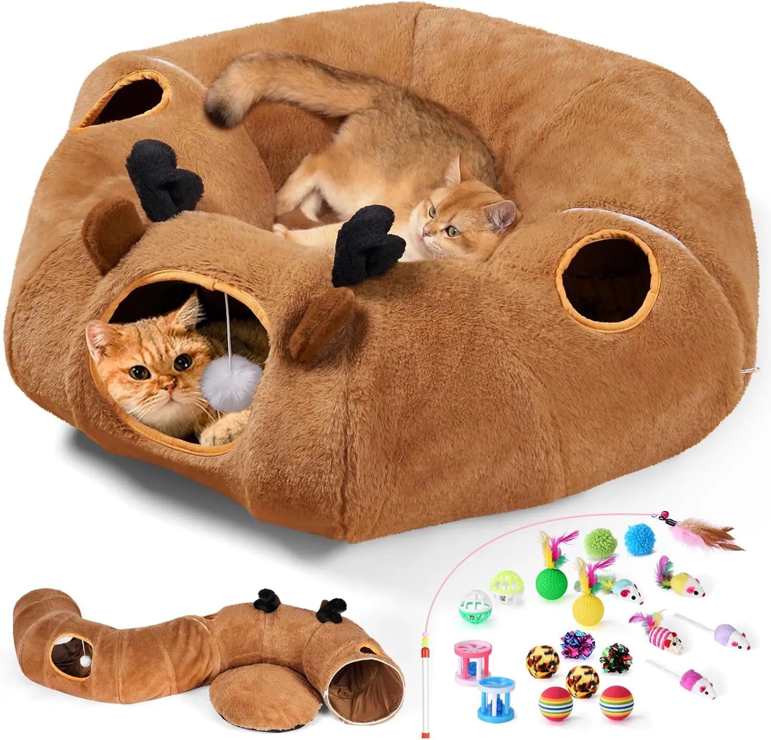 

Reindeer Cat Tunnels Bed With 20 Kitten Toys For Indoor Cats, Plush Cats Couch Tunnel Bed - Kittens Cave Donut Tunnel -