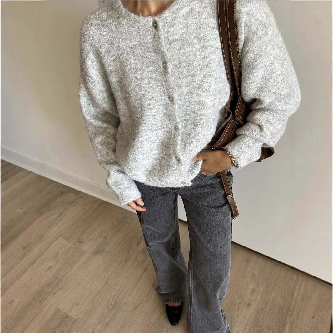 

European and American Soft Knitted Cardigan Women's Retro Buckle Gray Wool Sweater Jacket