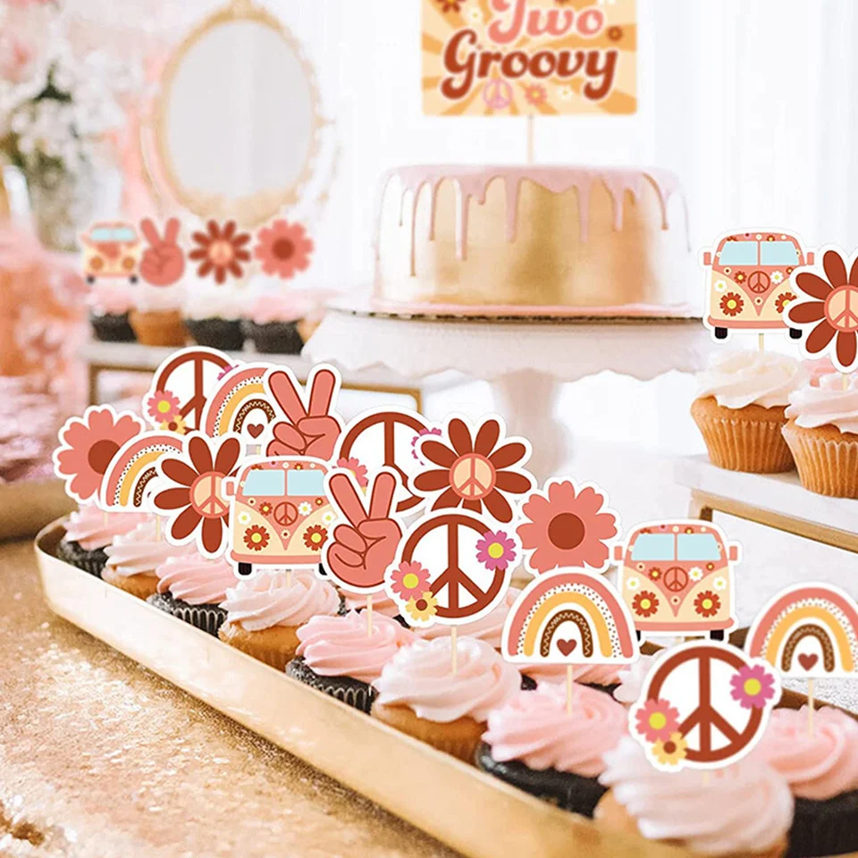 1set Bohemian Hippie Rainbow Flower School Bus Cake Topper Two Groovy Toppers for Kids Bohemian Hippie Birthday Party Decoration