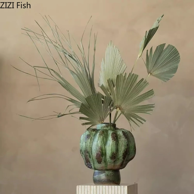 Green Glazed Ceramic Vase Handmade Flower Arrangement Art Vases Ornament Hydroponic Vase Decorative Vases Shooting Props Crafts
